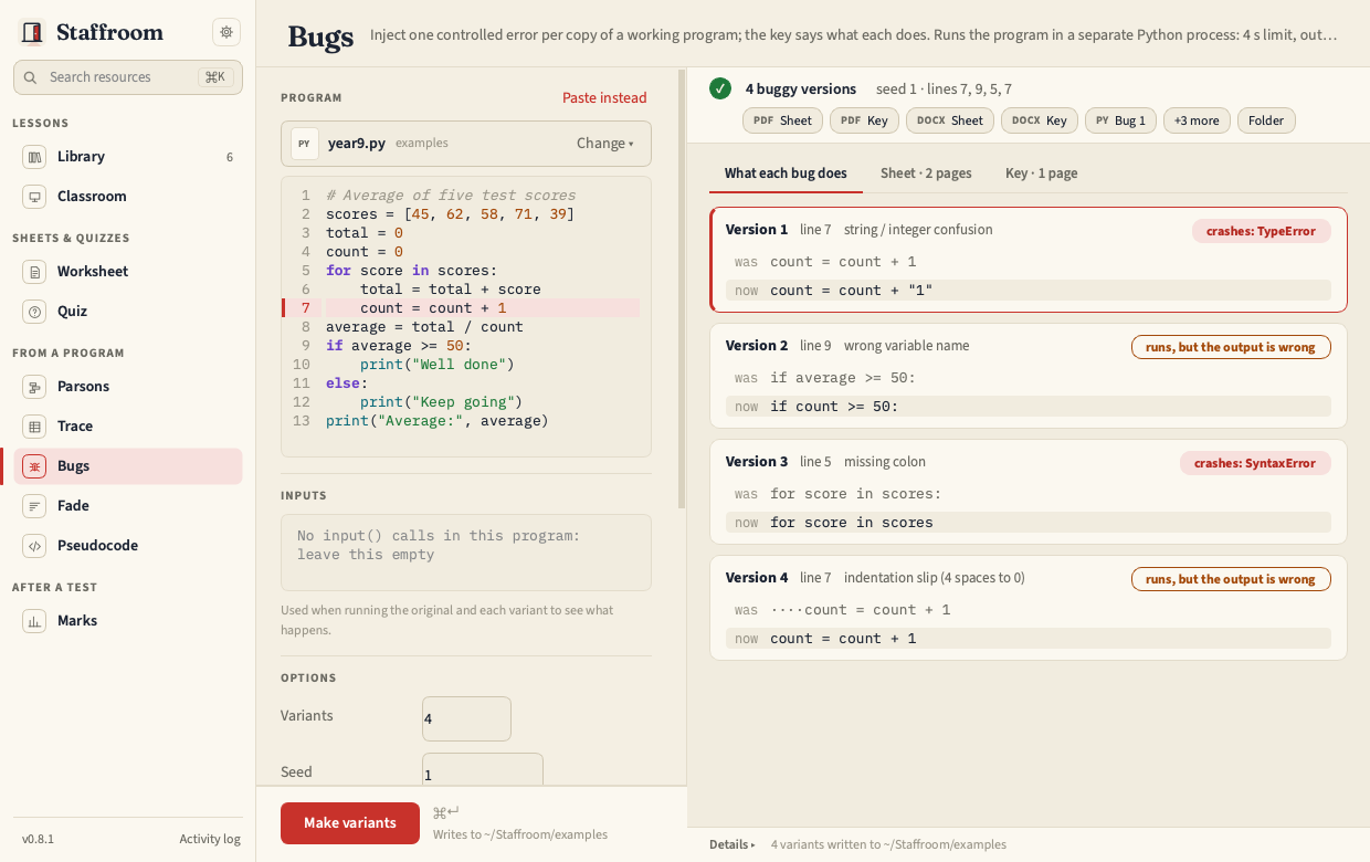 Bugs panel