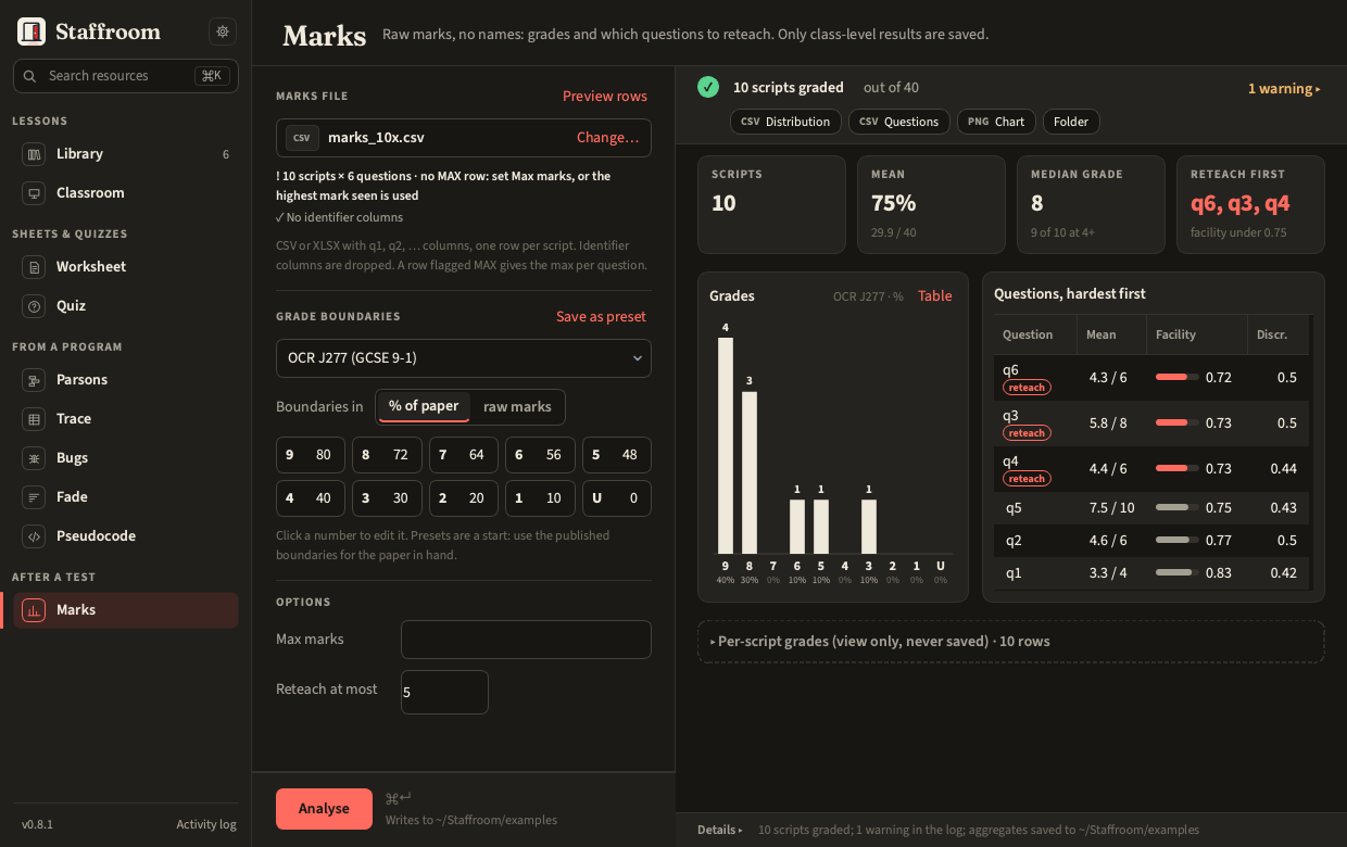 The launcher with the marks tool open