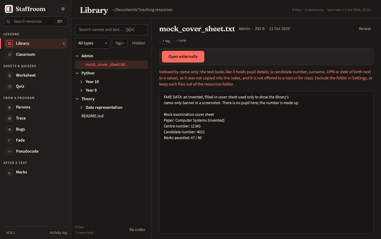 A file indexed by name only, with the banner that says why