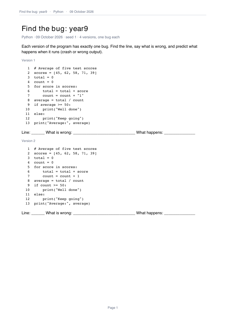 Find-the-bug sheet from year9.py