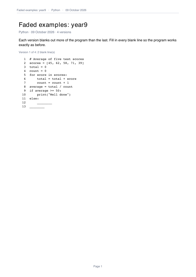 Faded worked examples from year9.py