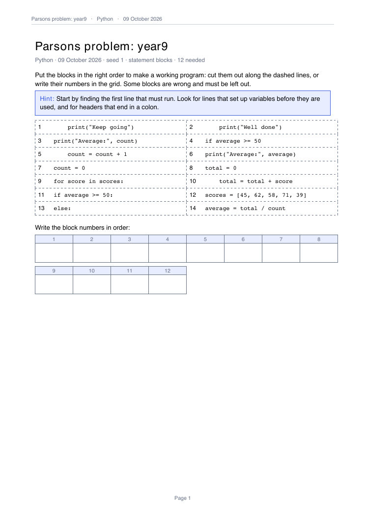 Parsons problem made from year9.py