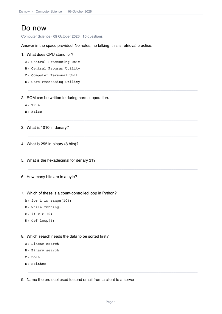 Do-now sheet from the example question bank