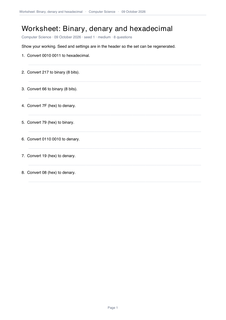 Binary worksheet, seed 1