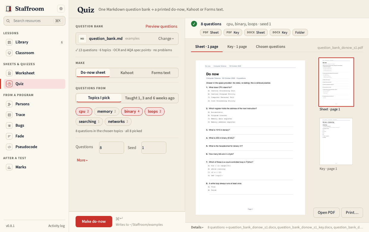 Quiz panel