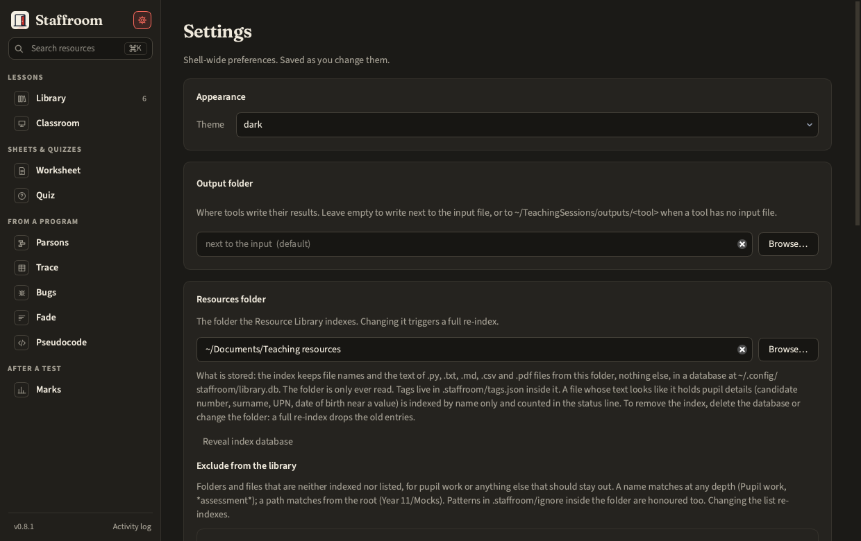 Settings: the resources folder, what is stored, and the exclusion list