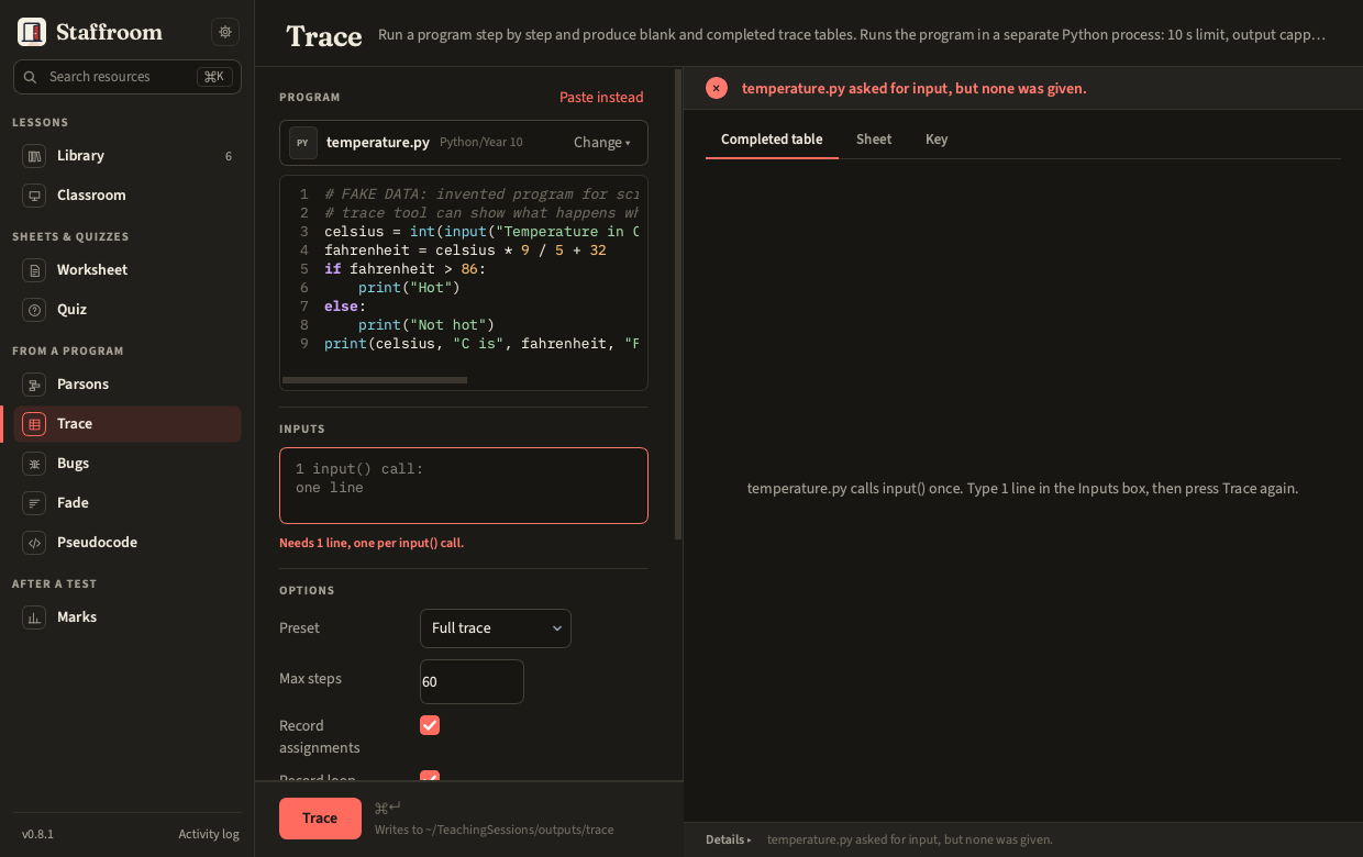 Trace stopped: the program asked for input but none was given, and the Inputs box is outlined