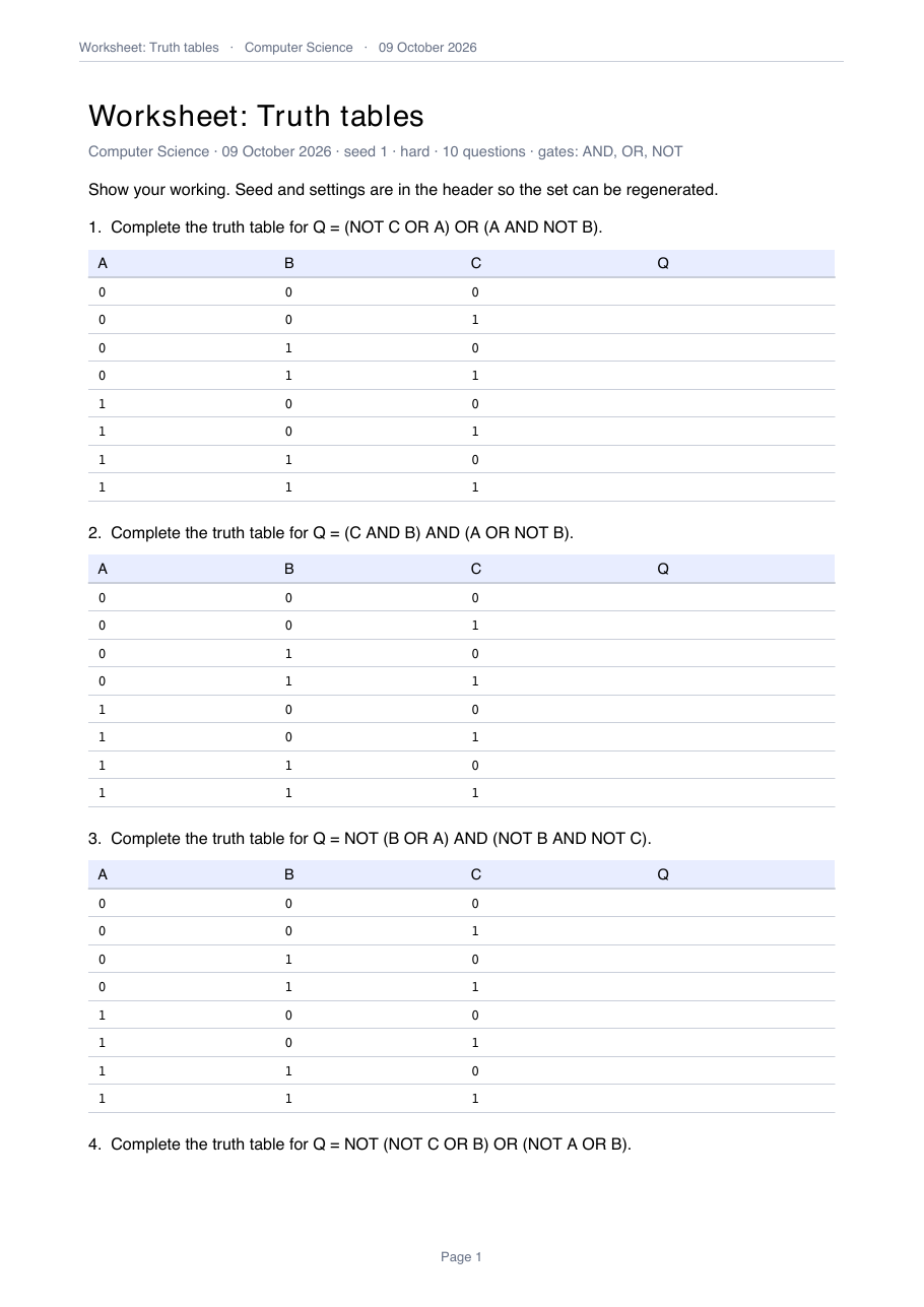 A hard truth-table sheet for OCR